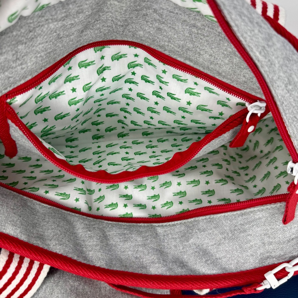 Y2K Lacoste Tote Bag Gray Sweatshirt Red Striped Velvet Crocodile Logo - Picture 7 of 13